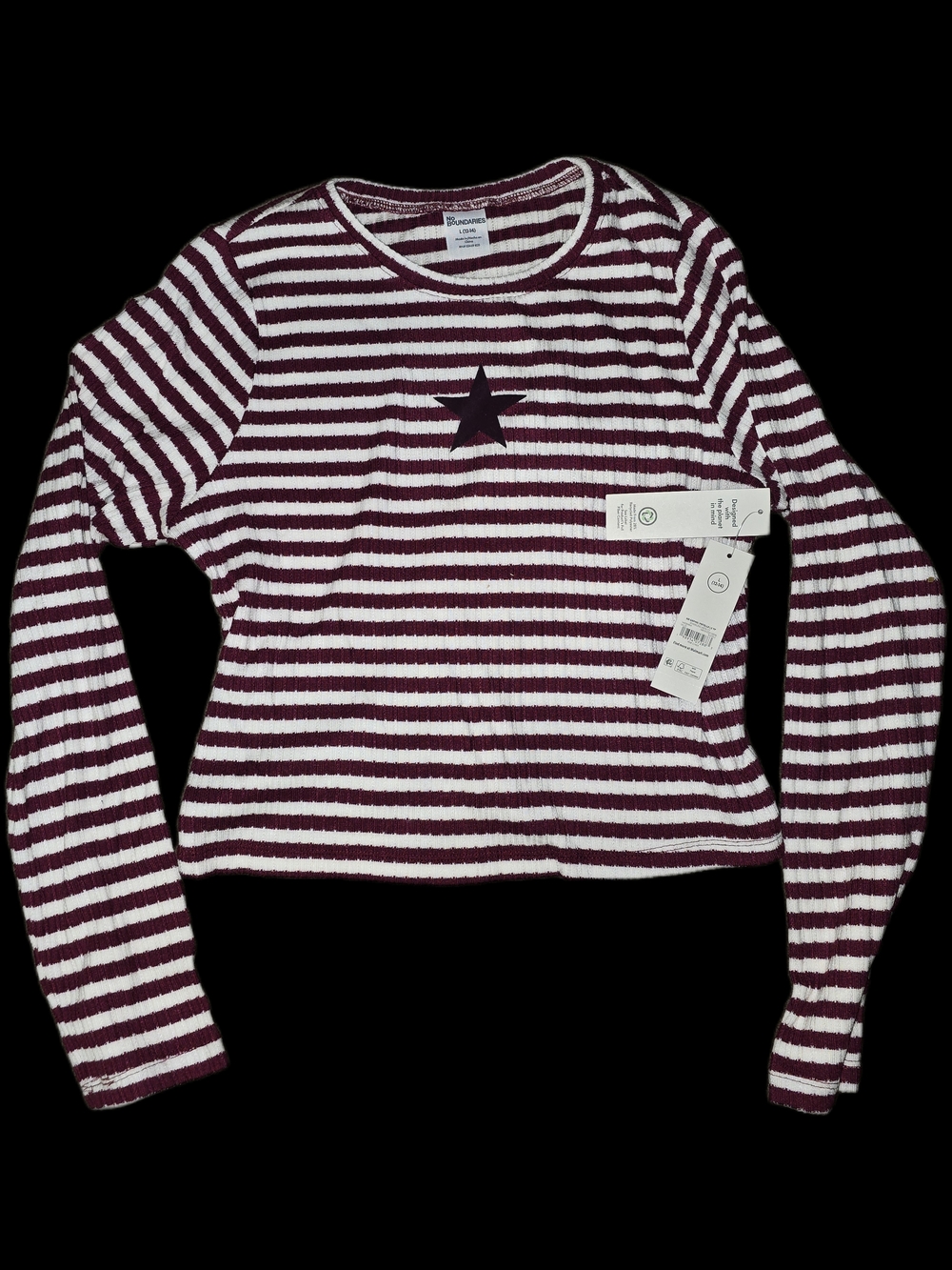 No Boundaries Burgundy & White Striped Long-Sleeve Crewneck with Star LARGE
